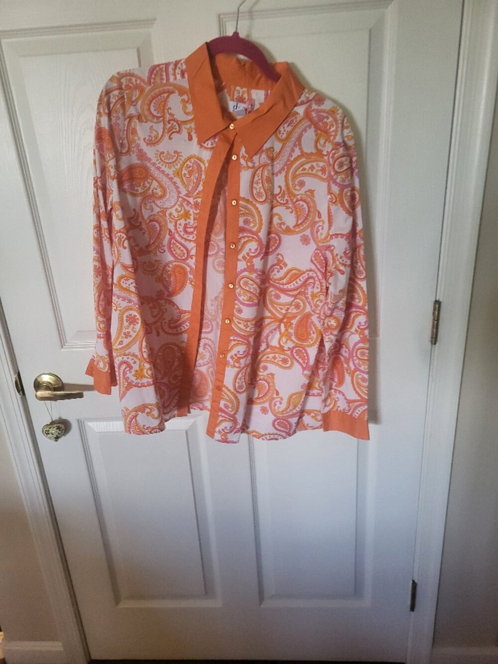 Denim & Co. Orange Pink Paisley Button Down Blouse Shirt Top Size Large